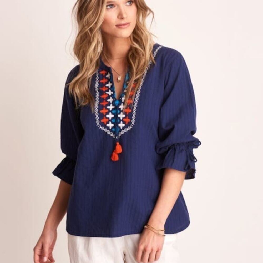 Hatley Camila Blouse in patriot blue embroidered split neck with tassels size S